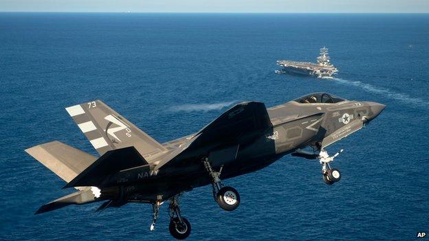 F-35 approaching USS Nimitz aircraft carrier