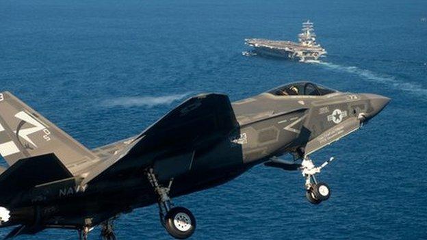 F-35 approaching USS Nimitz aircraft carrier