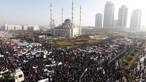 Tens of thousands attend an anti-Charlie Hebdo protest in Grozny, Chechnya, 19 Jan