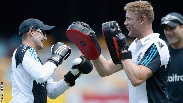 Joe Root (left) and former England all-rounder Andrew Flintoff during a training season