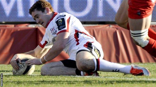 Paddy Jackson scores a try in the defeat by Toulon on Saturday