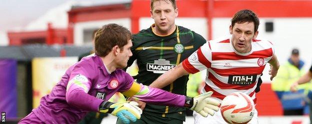 Michael McGovern and Martin Canning in action against Celtic