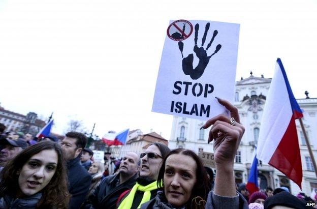 People attend an anti-Islam rally in Prague, 19 January