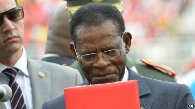 Equatorial Guinea's President Teodoro Obiang Nguema at the 2015 African Cup of Nations in Bata (17 January 2015)