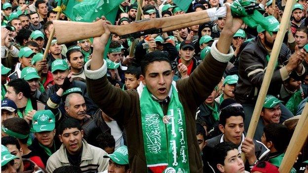 Palestinians celebrate Hamas electoral victory (Jan, 2006)