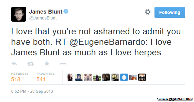 Tweet from @JamesBlunt reading: "I love that you're not ashamed to admit you have both. RT @EugeneBarnardo I love James Blunt as much as I love herpes."