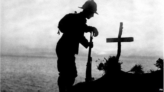 A British soldier tending a grave in Gallipoli