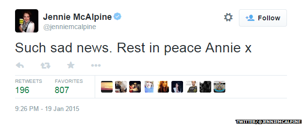 Tweet from @jenniemcalpine reading: "Such sad news. Rest in peace Annie x"