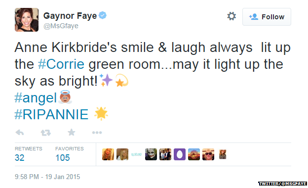 Tweet from @MsGfaye reading: "Anne Kirkbride's smile & laugh always lit up the #Corrie green room...may it light up the sky as bright! #angel #RIPANNIE"