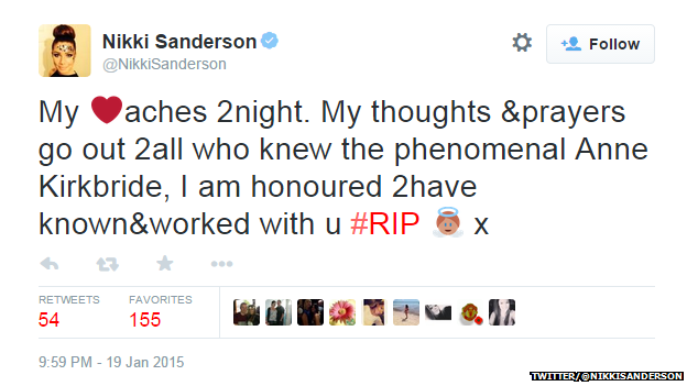 Tweet from @NikkiSanderson reading: "My heart aches 2night. My thought & prayers go out 2 all who knew the phenomenal Anne Kirkbride, I am honoured 2 have known & worked with u #RIP x"