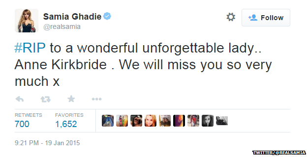 Tweet from @realsamia reading: "#RIP to a wonderful unforgettable lady... Anne Kirkbride. We will miss you so very much x"