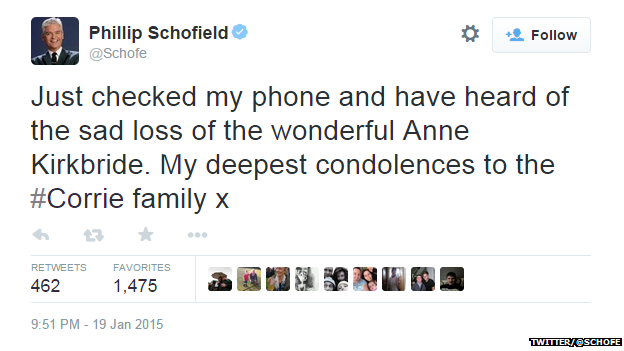 Tweet from @Schofe reading: "Just checked my phone and have heard of the sad loss of the wonderful Anne Kirkbride. My deepest condolences to the #Corrie family x"