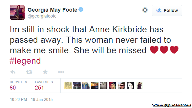 Tweet from @georgiamayfoote reading: "I'm still in shock that Anne Kirkbride has passed away. This woman never failed to make me smile. She will be missed #legend"