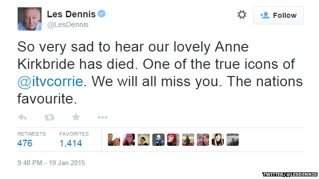 Tweet from @LesDennis reading: "So very sad to hear our lovely Anne Kirkbride has died. One of the true icons of @itvcorrie. We will all miss you. The nations favourite."