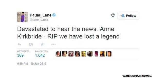 Tweet from @Paula_Lane reading: "Devastated to hear the news. Anne Kirkbride - RIP we have lost a legend"