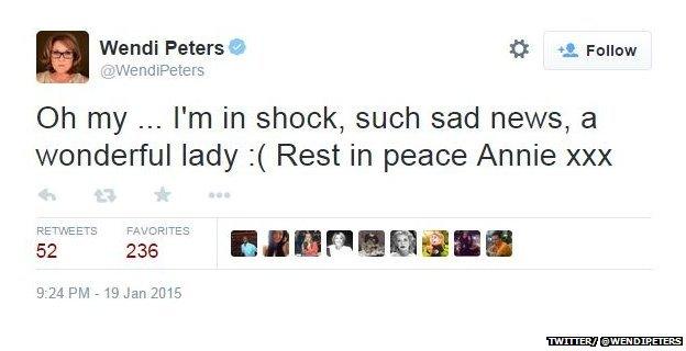 Tweet from @WendiPeters reading: "Oh my ... I'm in shock, such sad news, a wonderful lady: (Rest in peace Annie xxx"