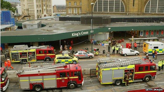 Emergency services outside London's King's Cross station after 7 July 2005 bombings