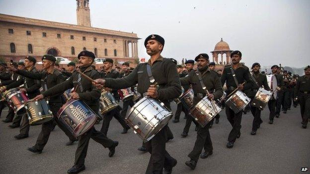 Members of the Indian Army band rehearse in Delhi on Monday, Jan. 19, 2015