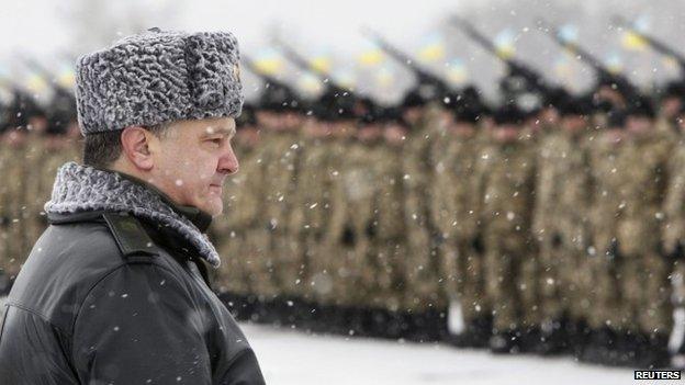 Ukraine"s President Petro Poroshenko attends a ceremony to hand over weapons, military equipment and aircrafts to the army at a firing range outside Zhytomyr January 5, 2015