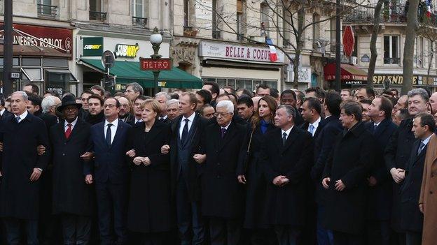 In this photo of the Paris march on 11 Jan, Israeli Prime Minister Benjamin Netanyahu is at the extreme left edge of the picture while Lebanese Foreign Minister Gebran Bassil is at the extreme right edge