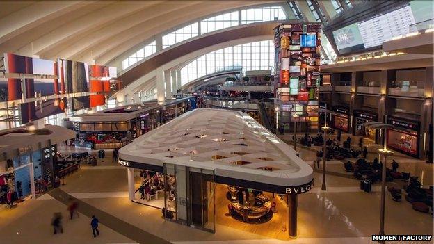 High view of Tom Bradley Terminal media displays