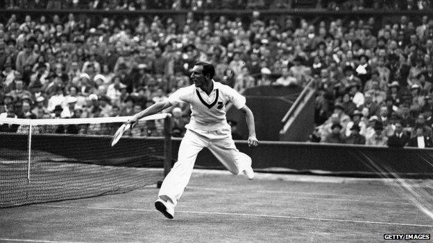 Fred Perry, playing a Davis Cup match against Australia at Wimbledon in 1936