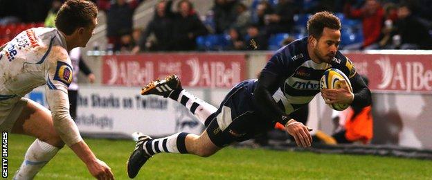 Danny Cipriani dives over to score for Sale in the win against Exeter