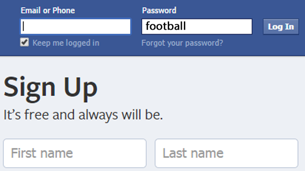 The word football is used to login in to Facebook