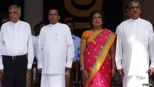 (Left to right) United National Party leader Ranil Wickramasinghe, Presidential candidate Maithripala Sirisena, former president Chandrika Bandaranaike Kumaratunga and former commander of the army Sarath Fonseka at an election rally in December 2014