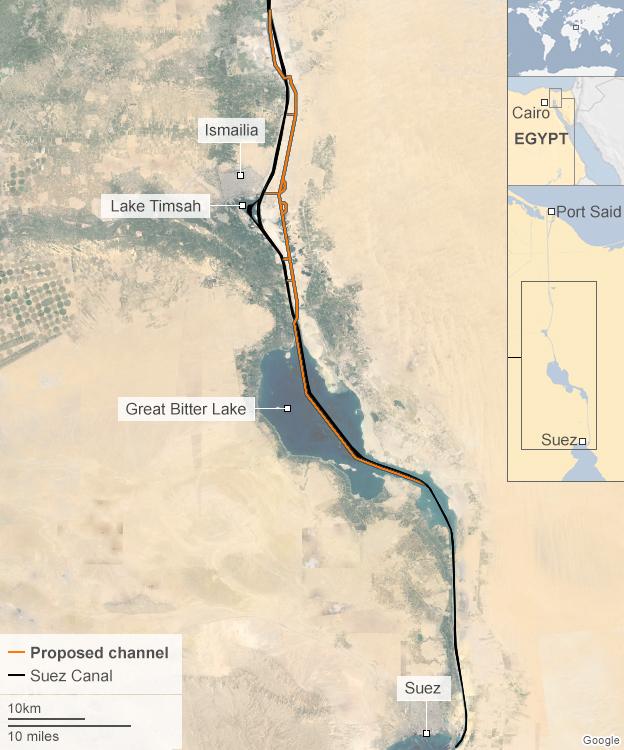 Map showing the proposed route of the second Suez Canal waterway