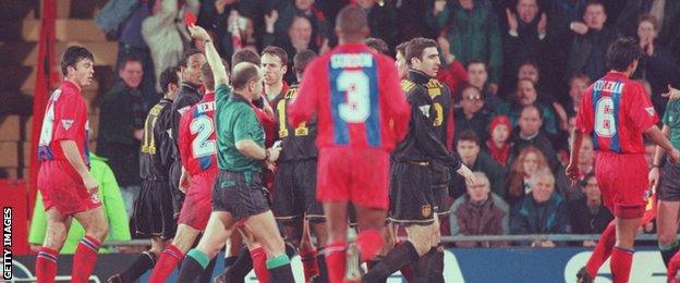 Eric Cantona is shown a red card by referee Alan Wilkie