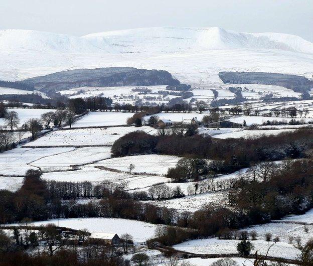 The view from Defynnog, Powys, after heavy snow