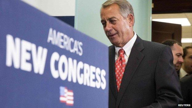 Speaker of the House John Boehner (R-OH) prepares to speak to the media after a conference meeting with House Republicans on Capitol Hill in Washington 21 January 2015