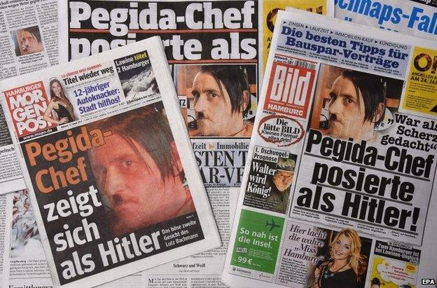 German newspapers carrying the photo of Pegida leader Lutz Bachmann with his moustache, 21 January