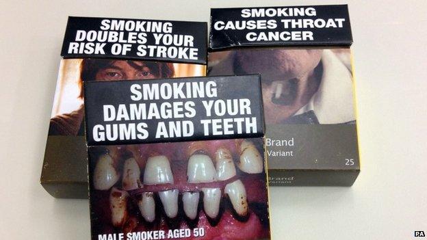 Examples of plain cigarette packages sold in Australia