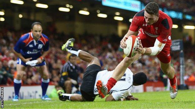 Alex Cuthbert touches down for Wales against Fiji