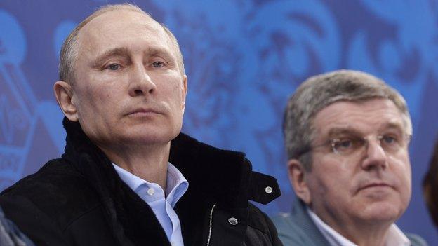 Russian President Vladimir Putin and IOC President, Thomas Bach watched Russia play Korea at ice sledge hockey.