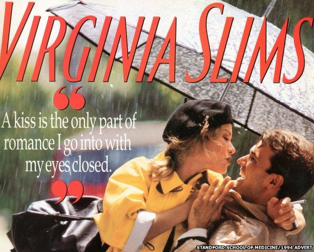 Virginia Slims advertisement showing a couple nearly kissing