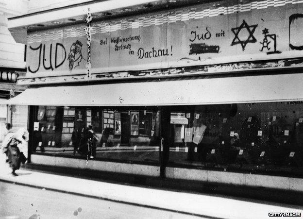 Anti-Semitic graffiti on shop, Vienna 1938