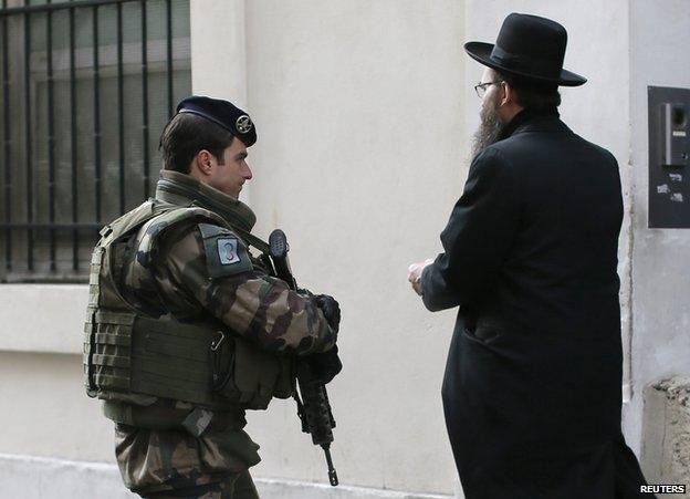 French soldier patrolling in a mainly Jewish area of Paris, 12 Jan 15