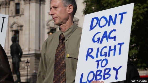 Peter Tatchell attends a freedom of speech demonstration in Parliament Square ahead of a vote on the Transparency of Lobbying, Non-party Campaigning and Trade Union Act