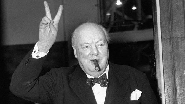 Winston Churchill giving V-for-victory sign