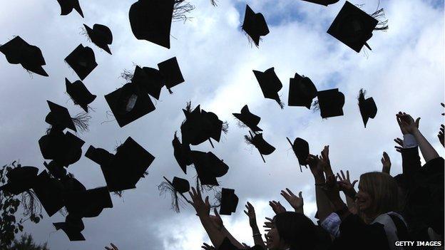 Students throwing mortarboards into the air