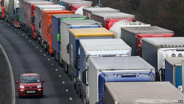 Queuing lorries on the M20 in Kent