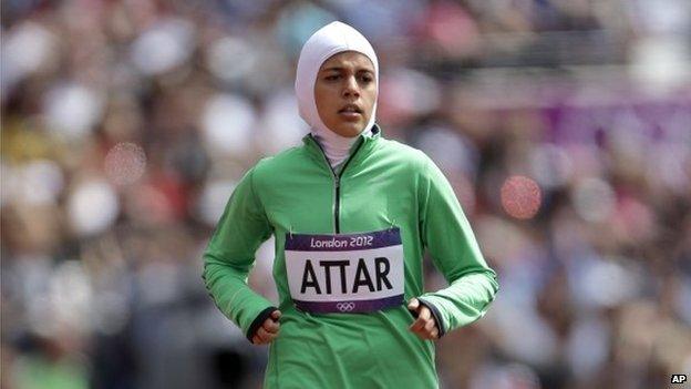 Saudi Arabia's Sarah Attar competes in a women's 800-meter heat during the athletics in the Olympic Stadium at the 2012 Summer Olympics, London, 8 August 2012