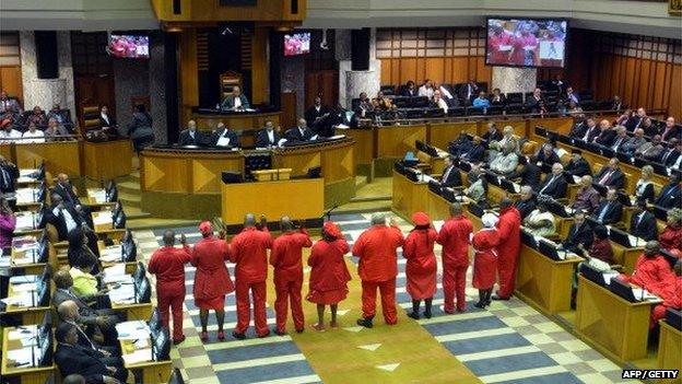 Members of the Economic Freedom Fighters (EFF) are sworn in to the South African Parliament on 21 May 2014, in Cape Town