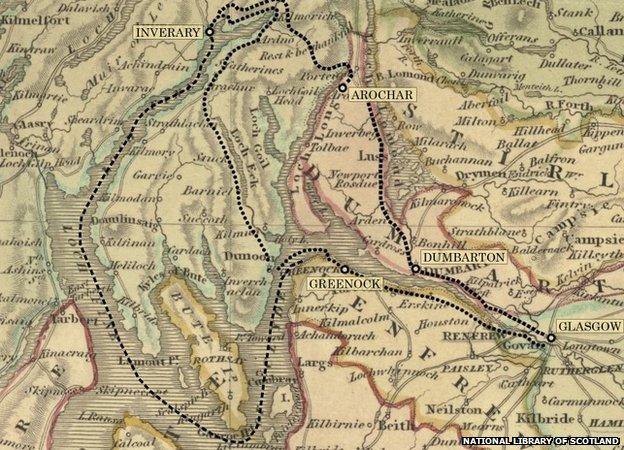 The route of Burns's tour of the west Highlands on a map from the time