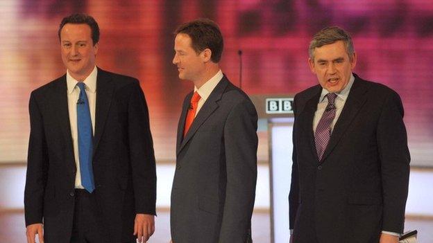 David Cameron, Nick Clegg and Gordon Brown in 2010