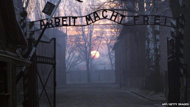 A 2005 picture of the main gates at Auschwitz