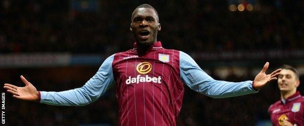 Aston Villa striker Christian Benteke celebrates his goal against Manchester United on 20 December